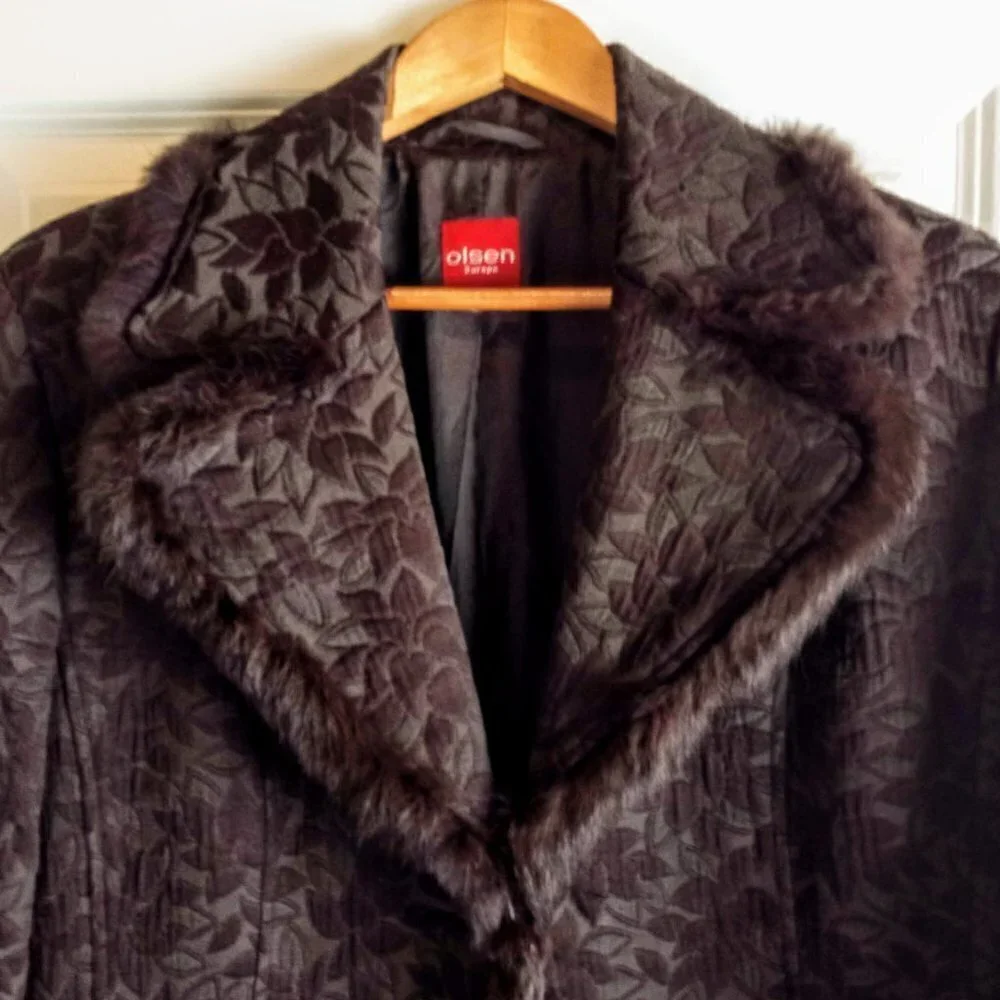 Olsen Europe Brown Jacquard Rabbit Fur Trim Coat